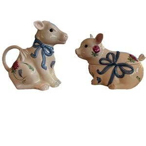 Lenox Poppies On Blue Cow And Pig Cream And Sugar Bowl